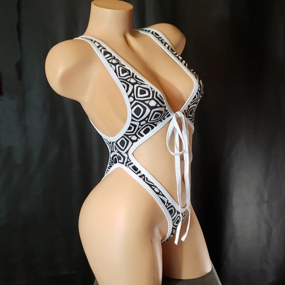 Abstract Print  Plunging Thong Back Monokini One Piece - Picture 3 of 3